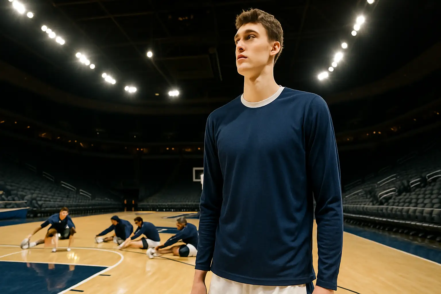 Basketball player standing courtside in a college arena with teammates warming up in the background