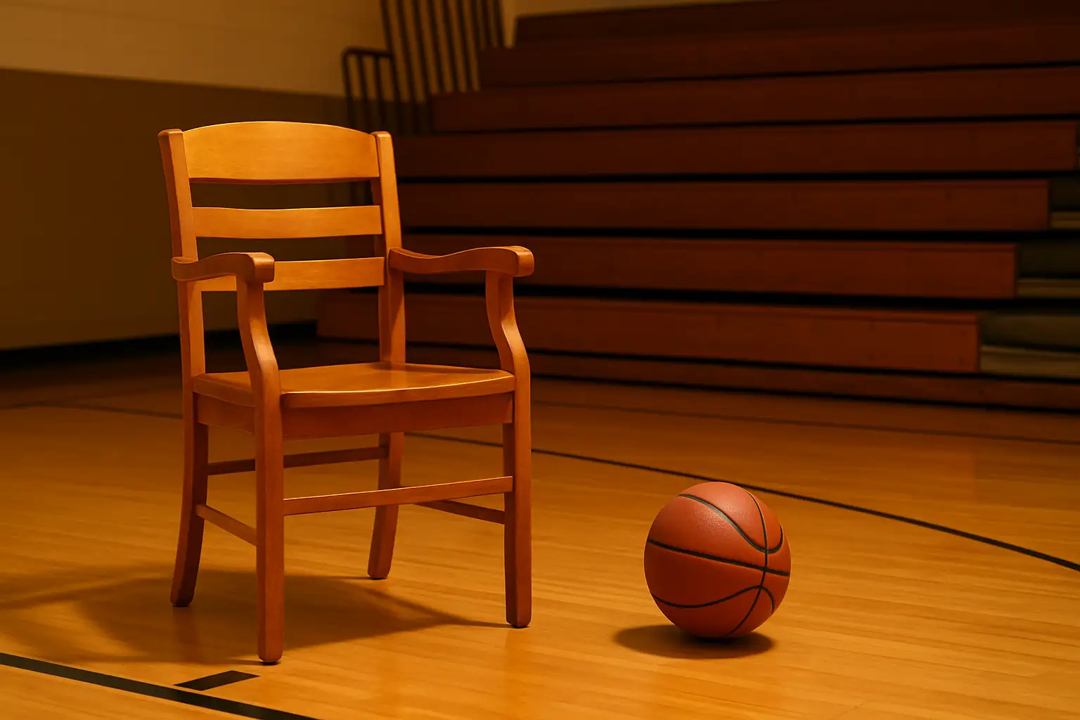 Basketball court inside a high school gymnasium with an empty coaching chair near the sideline