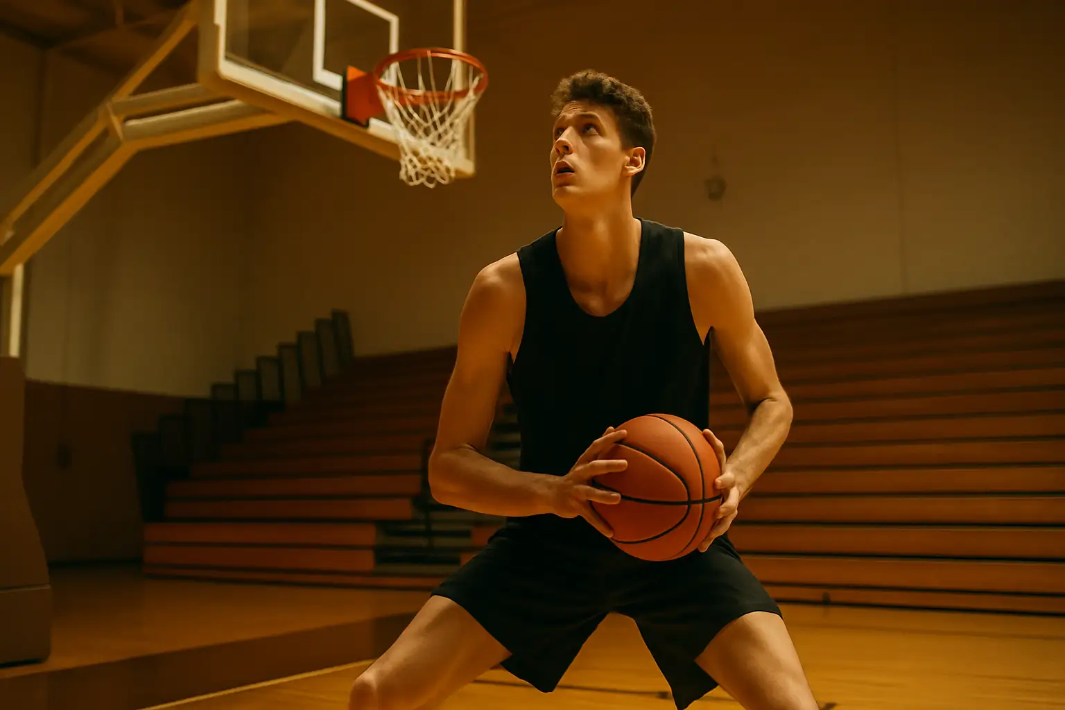 A college basketball forward preparing to shoot in a packed arena
