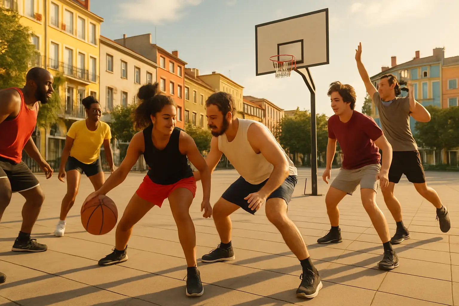 Community members playing basketball together on an outdoor public plaza court
