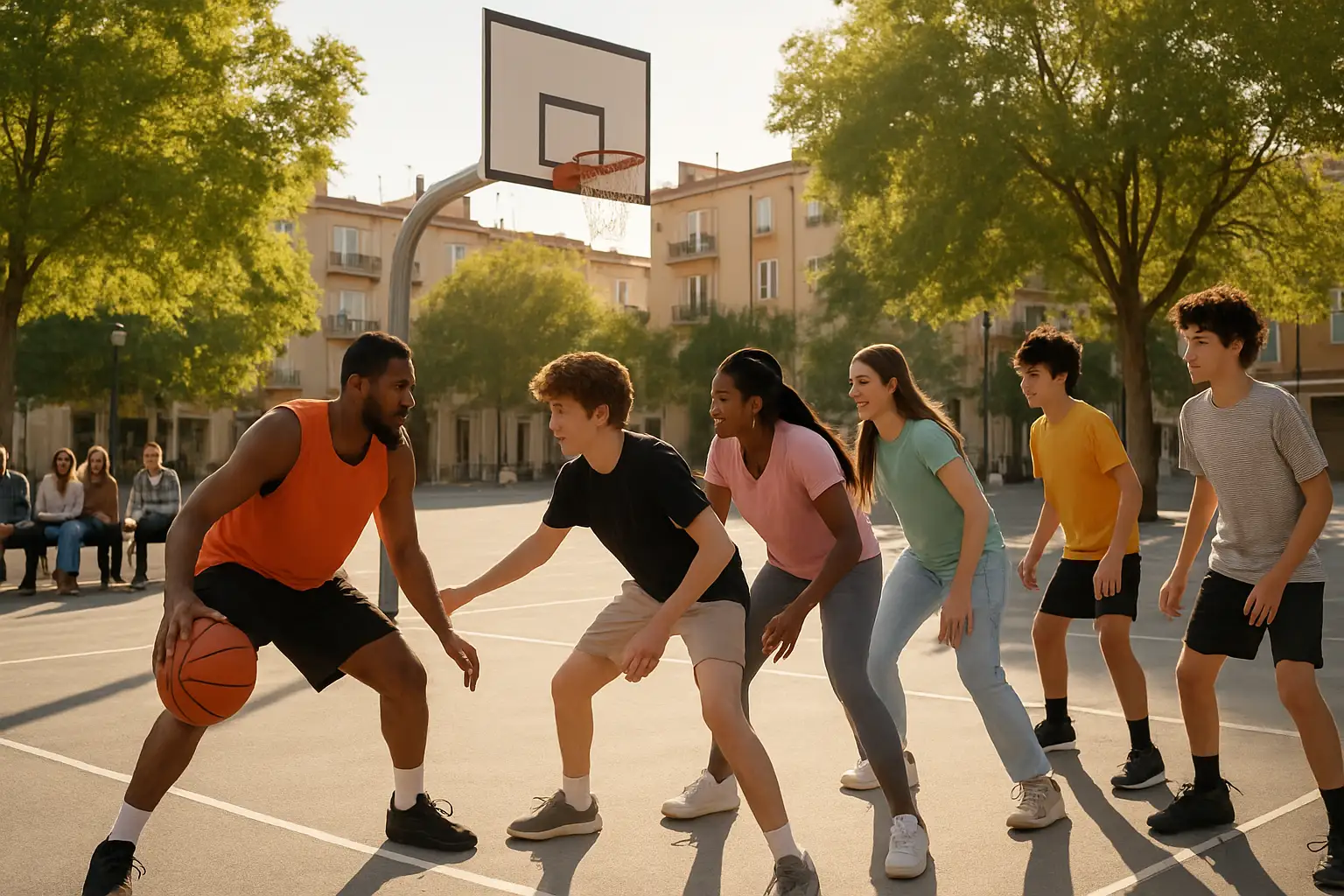 People playing basketball together on an outdoor public plaza court during daytime