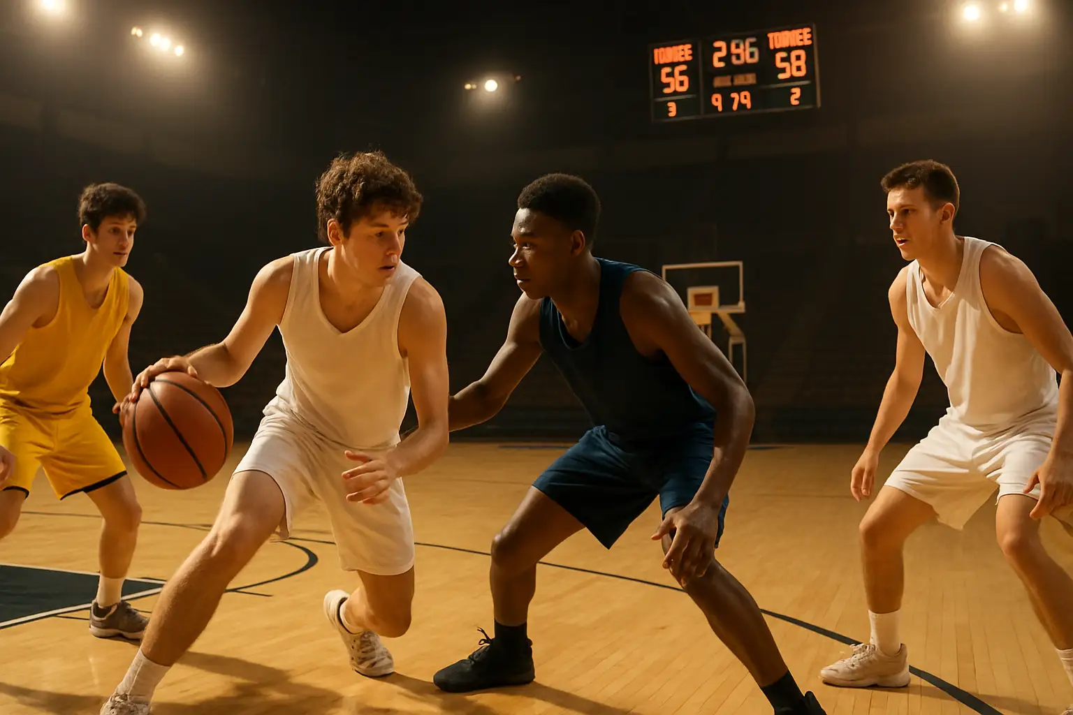 Basketball players competing in a summer league game under bright arena lights