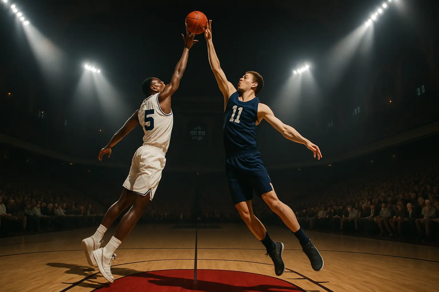 Two college basketball players competing on a historic hardwood court with a packed arena crowd in the background