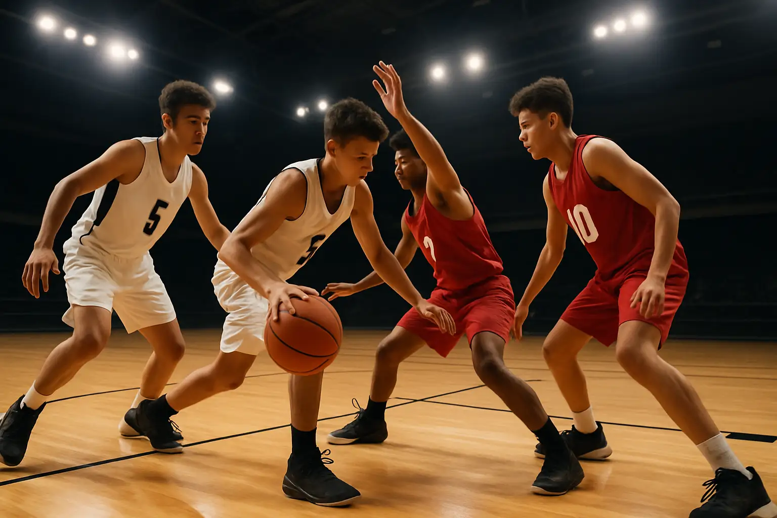 Junior basketball players competing in a national tournament on an indoor court