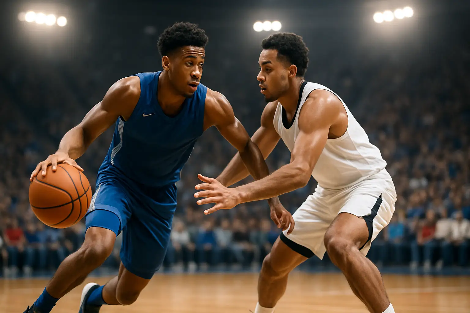A college basketball player dribbling upcourt in a team uniform during a game