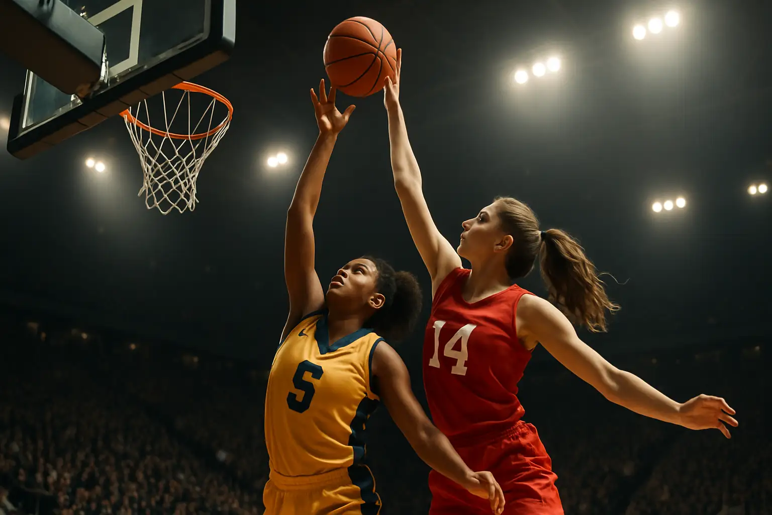 Basketball players competing in an intense WNBA game under arena lights