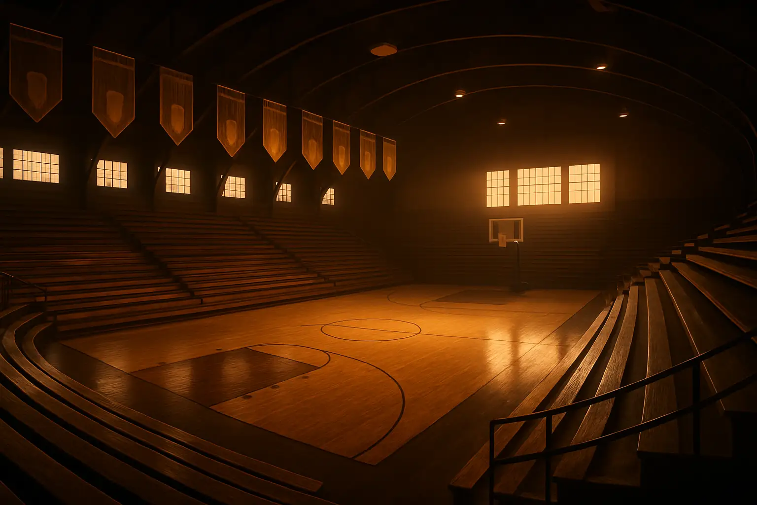 Interior view of a historic college basketball arena with wooden bleachers and vintage banners