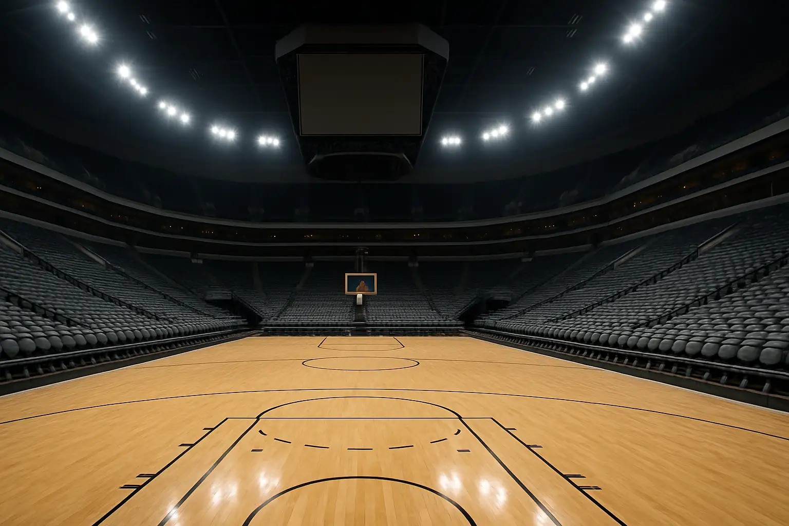 Basketball court inside a large indoor arena lit up for a college game