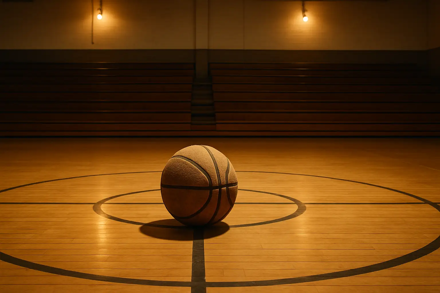 A basketball resting on a hardwood court inside an empty gymnasium with bleachers in the background