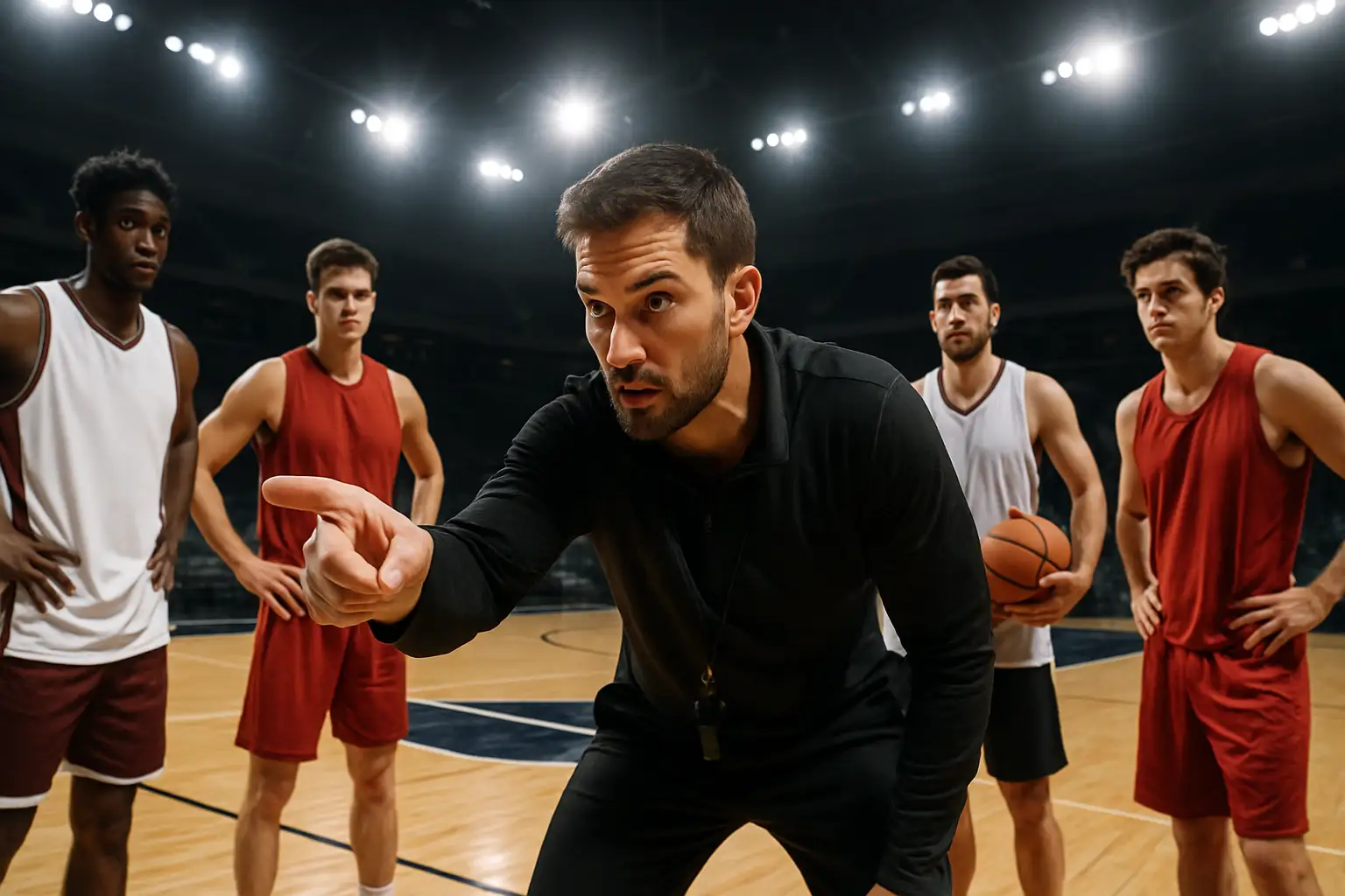 A basketball coach addressing players during a practice session inside a college gymnasium