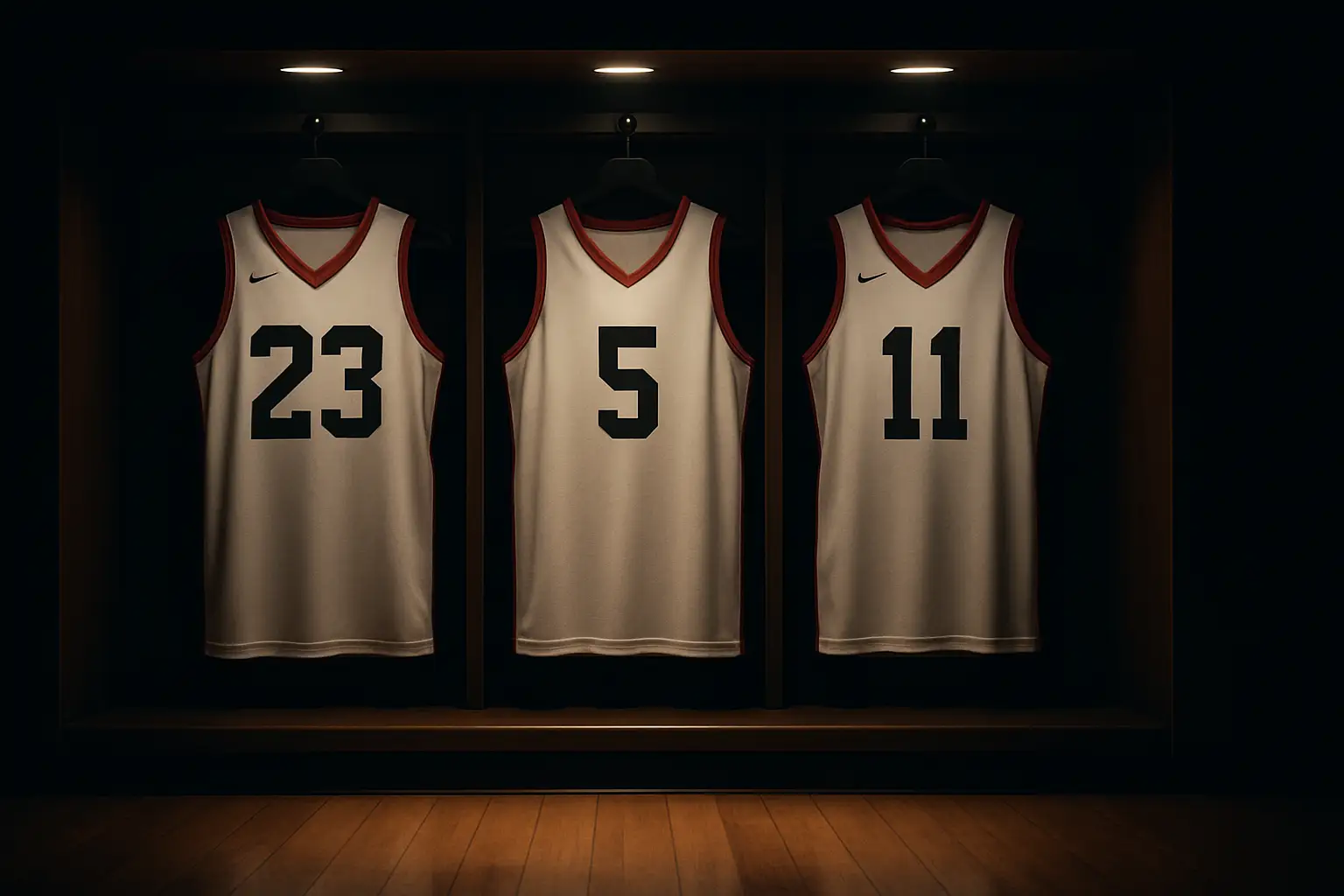 Three NBA rookie jerseys hanging in a locker room under stadium lights