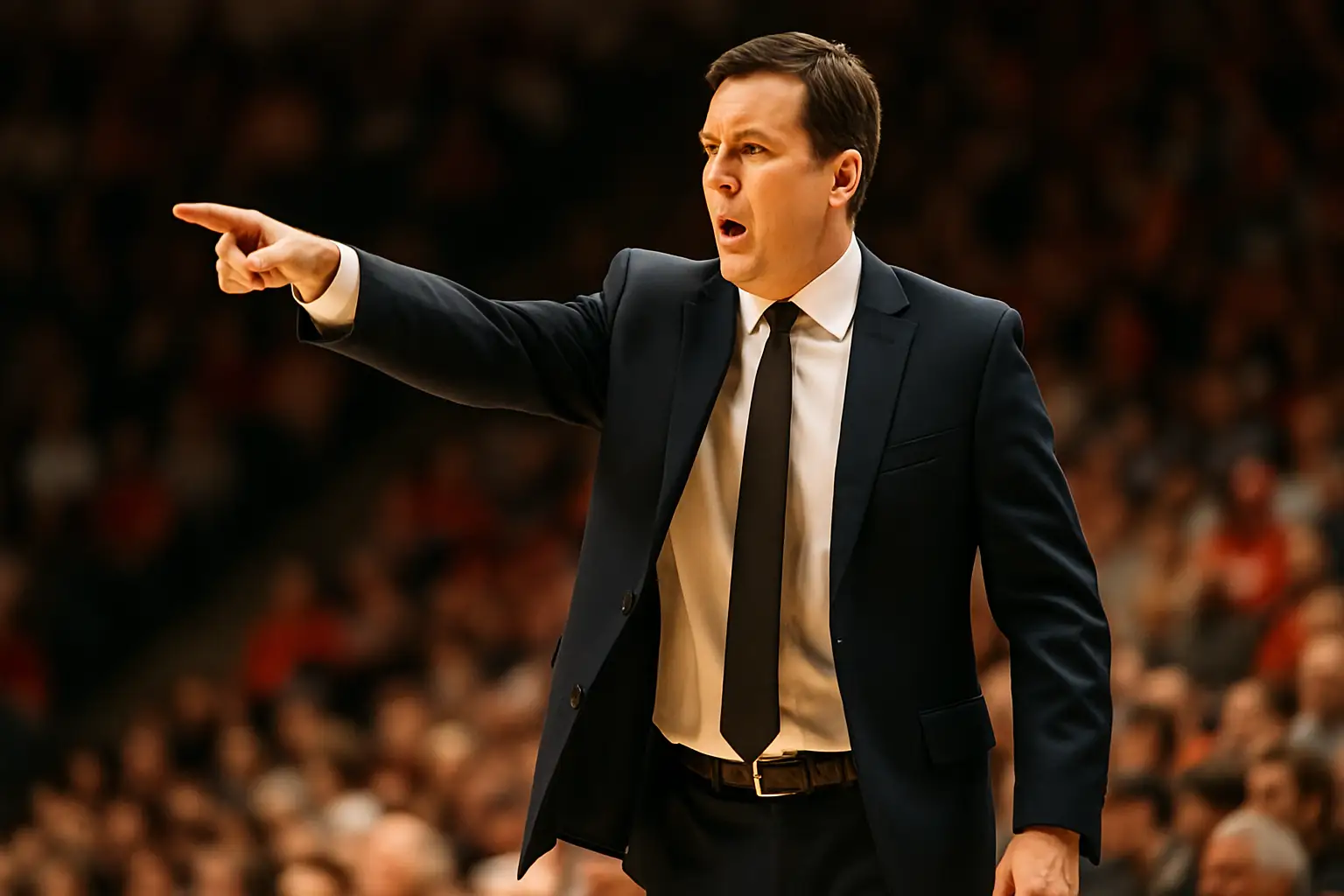 A basketball coach gesturing on the sideline during a college game