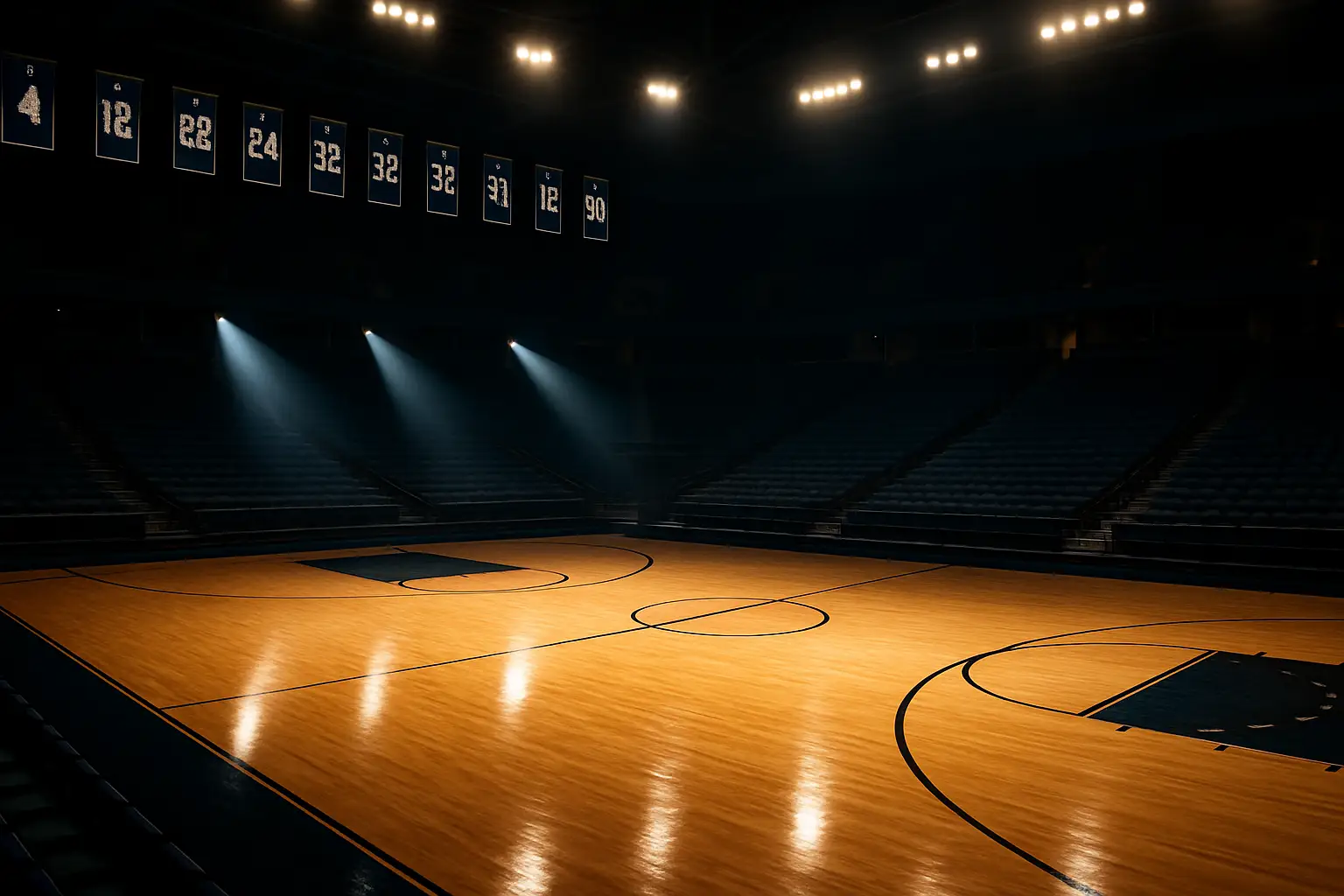 A basketball court inside a college arena with a Hall of Fame banner hanging from the rafters