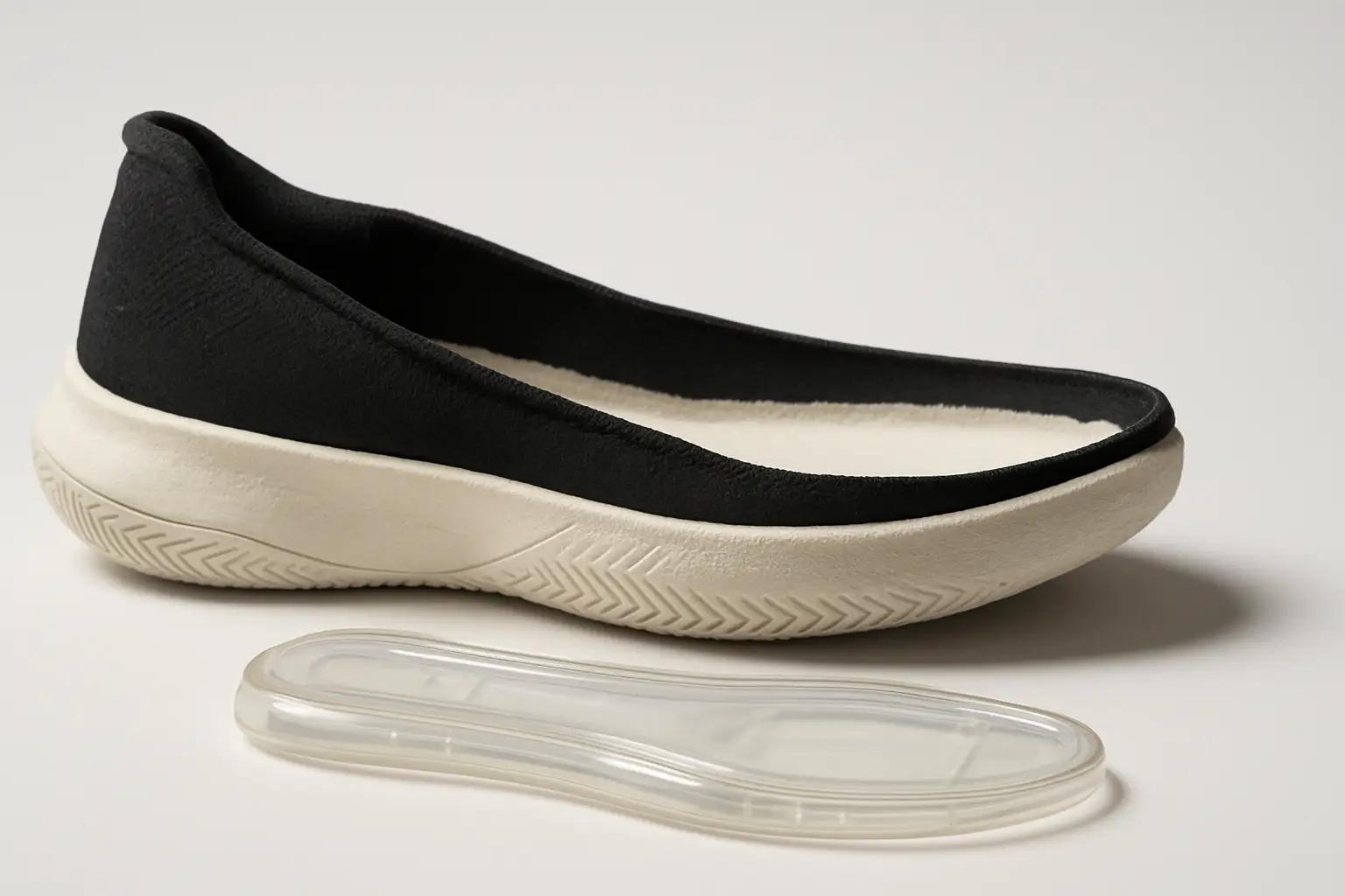 Disassembled basketball shoe showing a Zoom cushioning midsole insert on a clean surface
