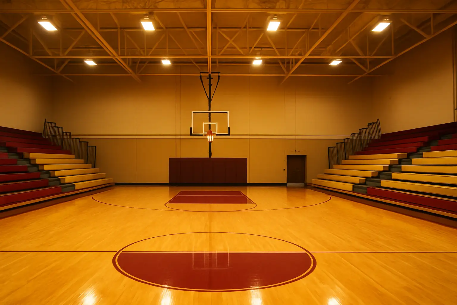 A basketball court inside a small college gymnasium with empty bleachers and overhead lights