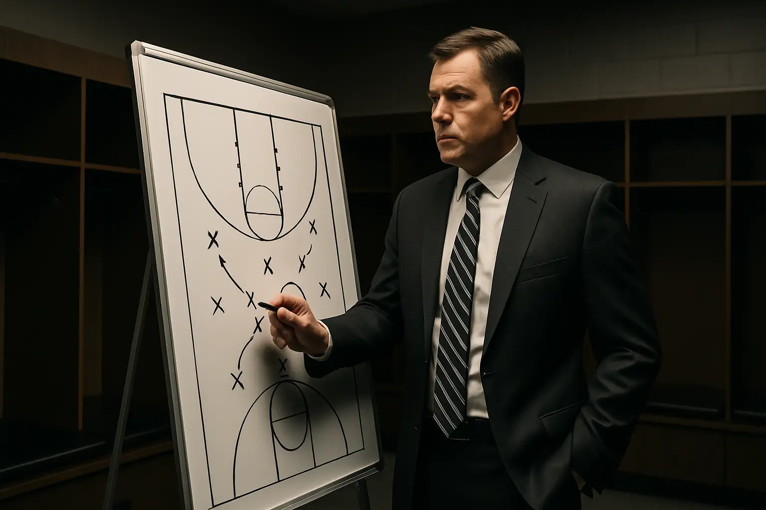 A basketball coach drawing up plays on a whiteboard in a college locker room