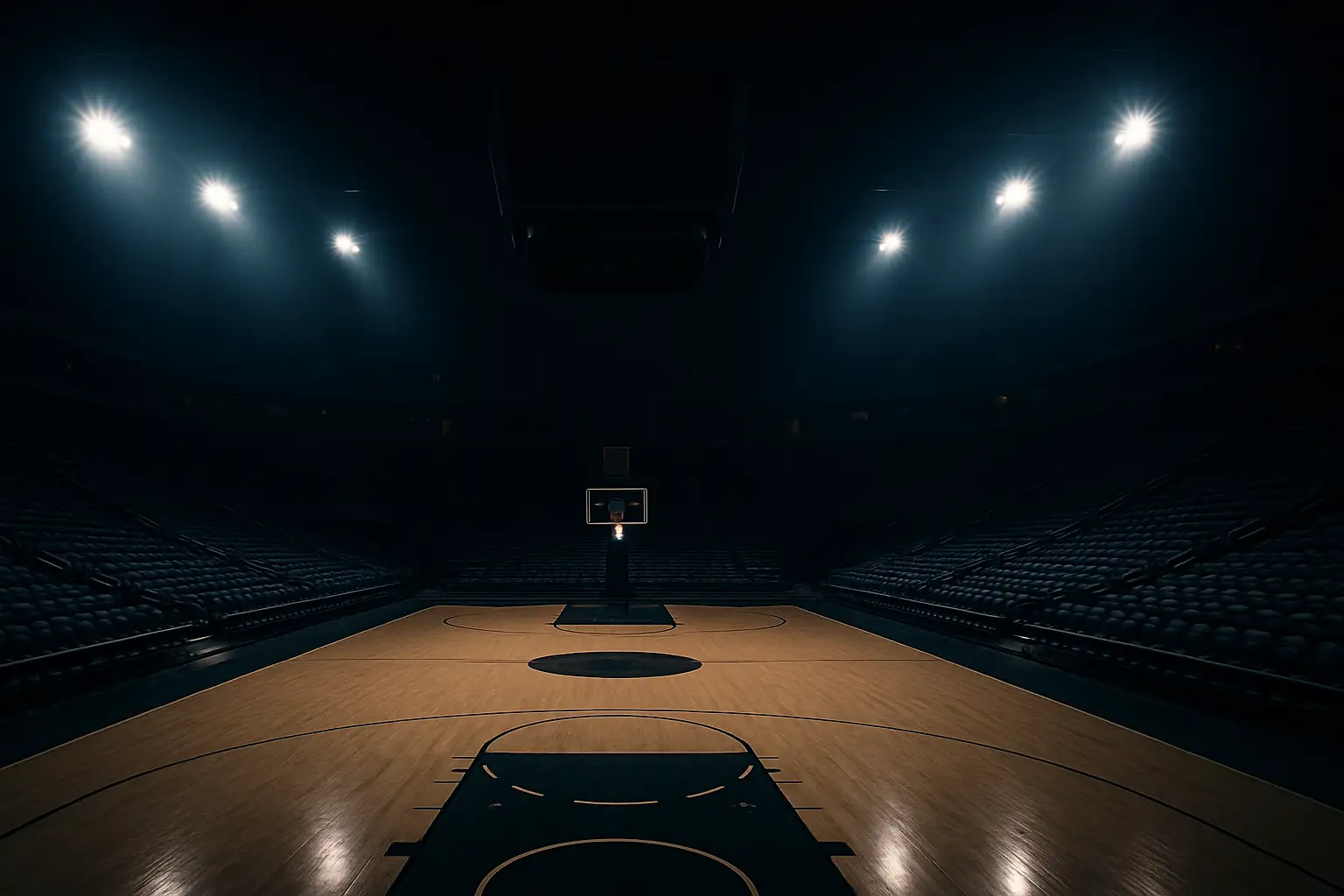 A college basketball court with dramatic overhead lighting and an empty arena in the background