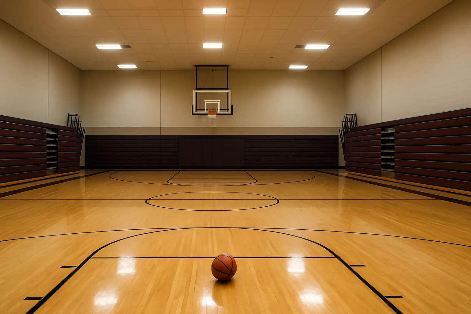 An empty high school basketball gymnasium with the court lights on and bleachers in the background