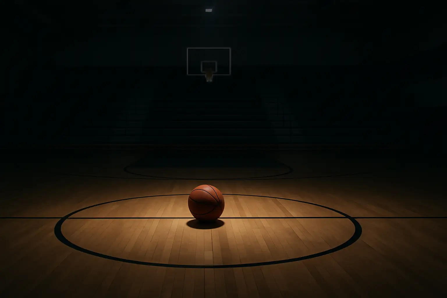 Empty college basketball court with a single basketball resting near the free-throw line under arena lights