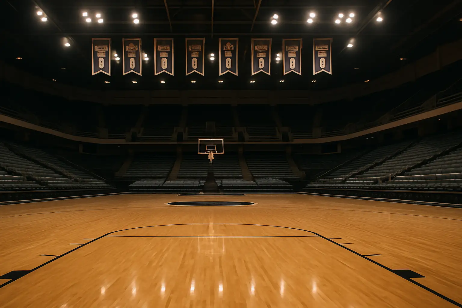 Empty college basketball arena with hardwood court and team banners hanging from the rafters