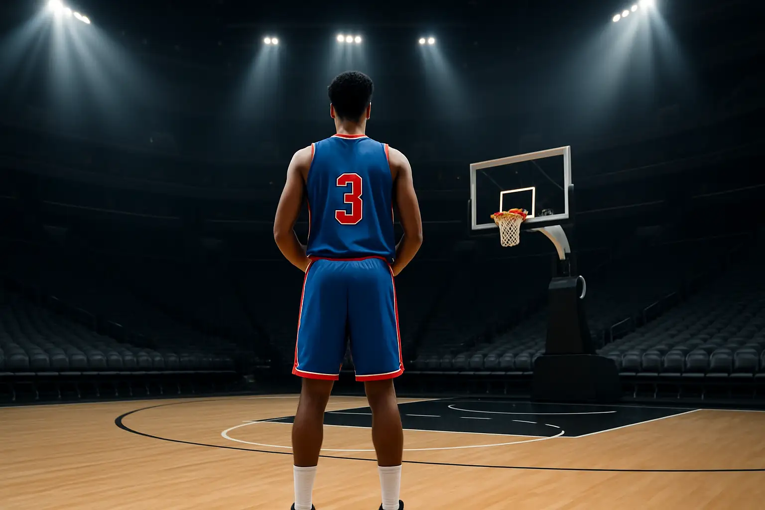 A basketball player in a Clippers uniform preparing to shoot in an empty NBA arena