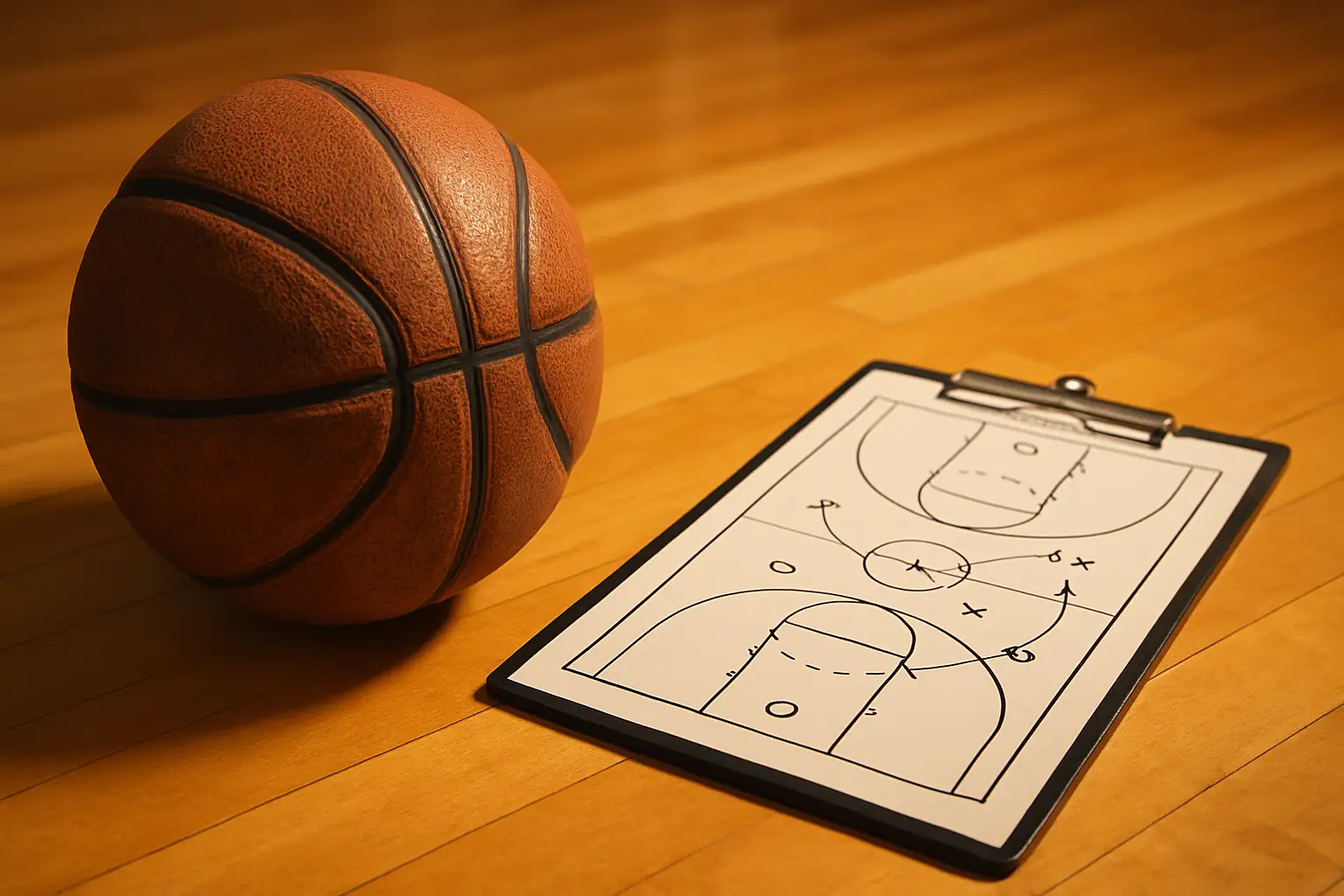 A basketball on a hardwood court with a coaching clipboard nearby, representing grassroots basketball development