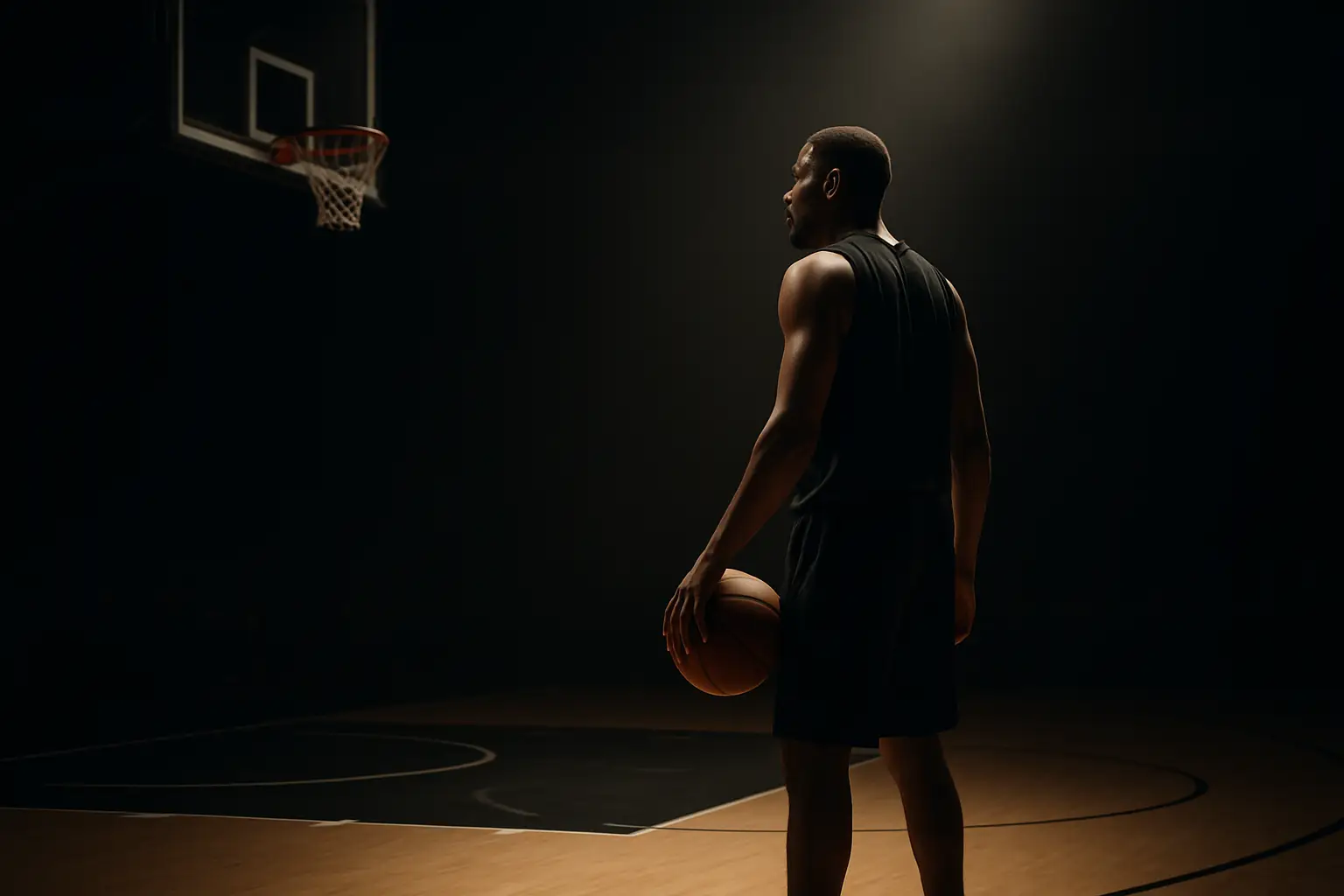 A basketball guard in a stadium setting, eyes focused, ready to compete under arena lights