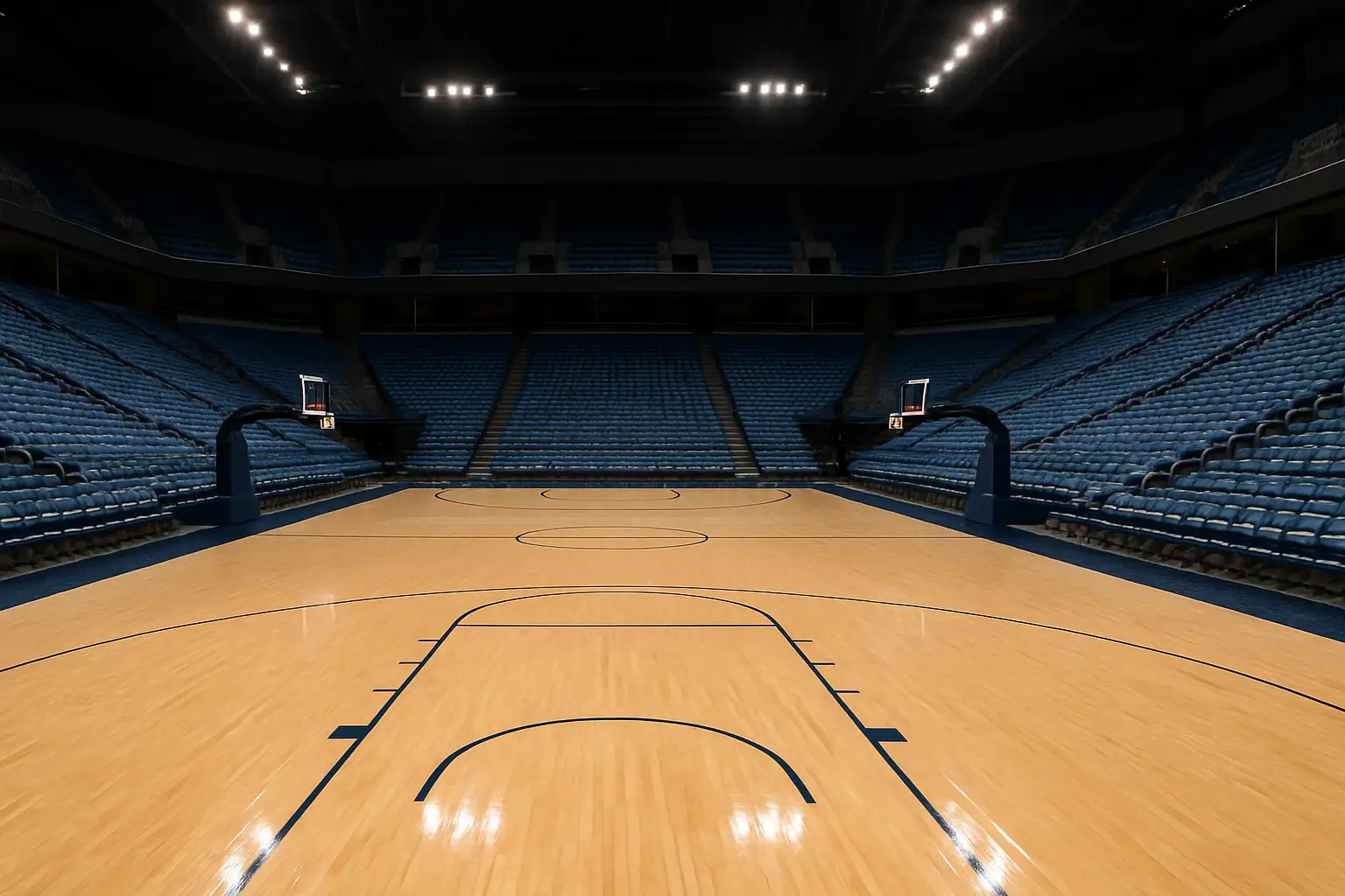 Gonzaga men's basketball arena interior with court lights illuminated and empty seats