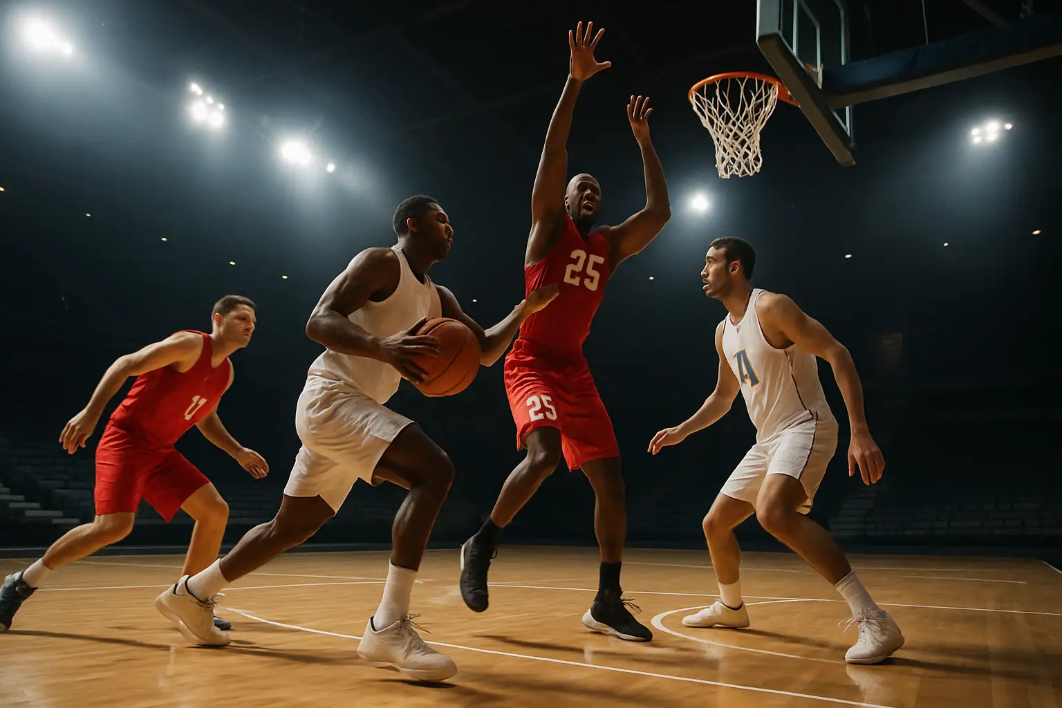 Basketball players competing in a New Zealand indoor court during a high-stakes league game