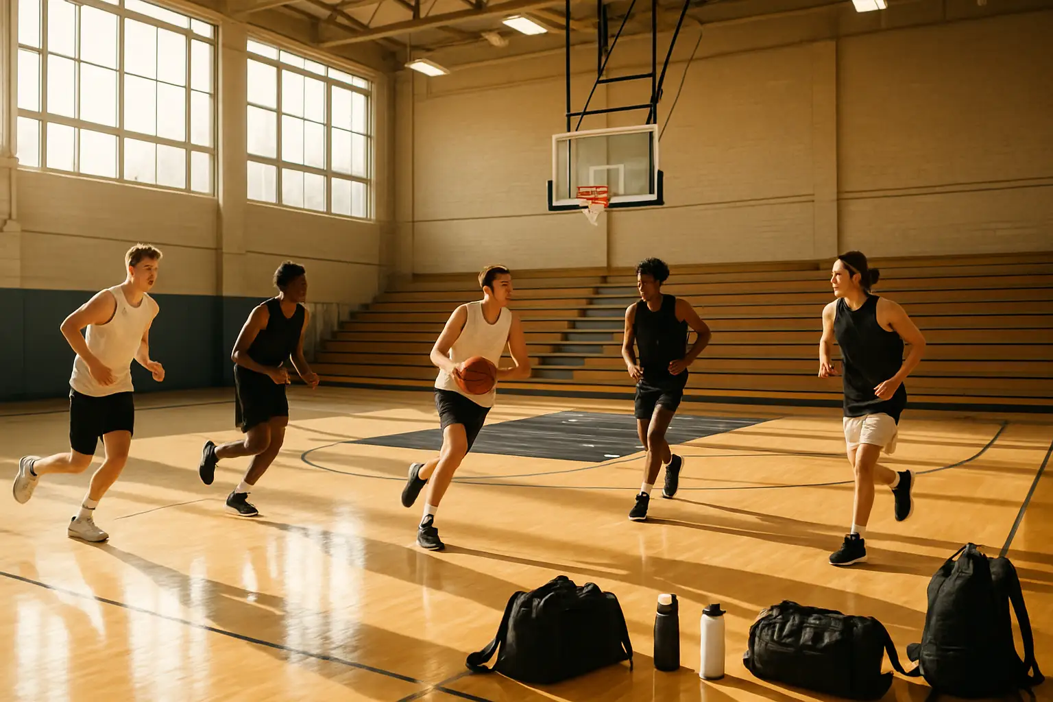Basketball players running drills in an empty college gymnasium during summer workouts