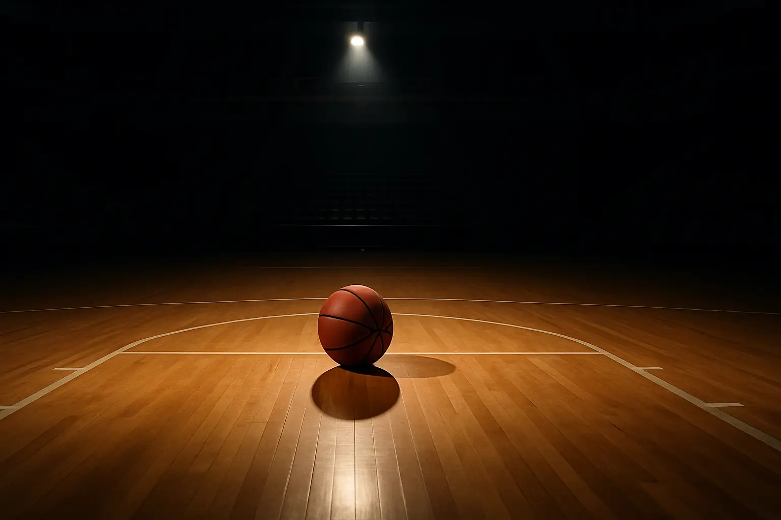 A basketball sitting on a hardwood court inside an empty arena with arena lights overhead
