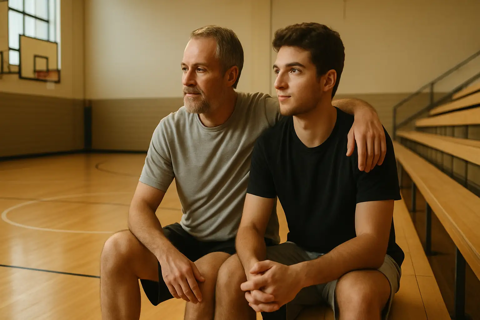 A father and son sharing a quiet moment courtside at a local basketball venue