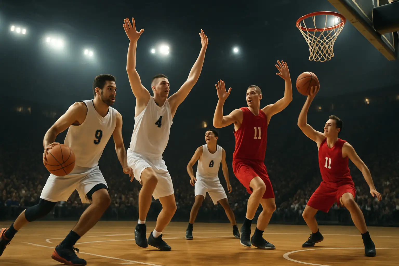 Basketball players competing in a New Zealand National Basketball League game under arena lights