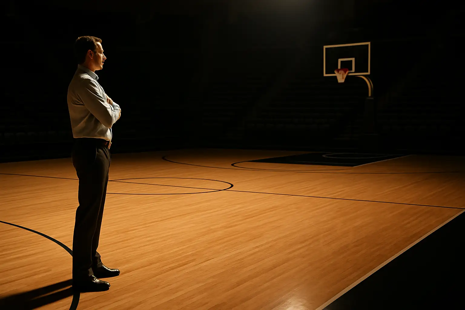 A basketball coach stands on a college arena sideline looking toward the court during a game