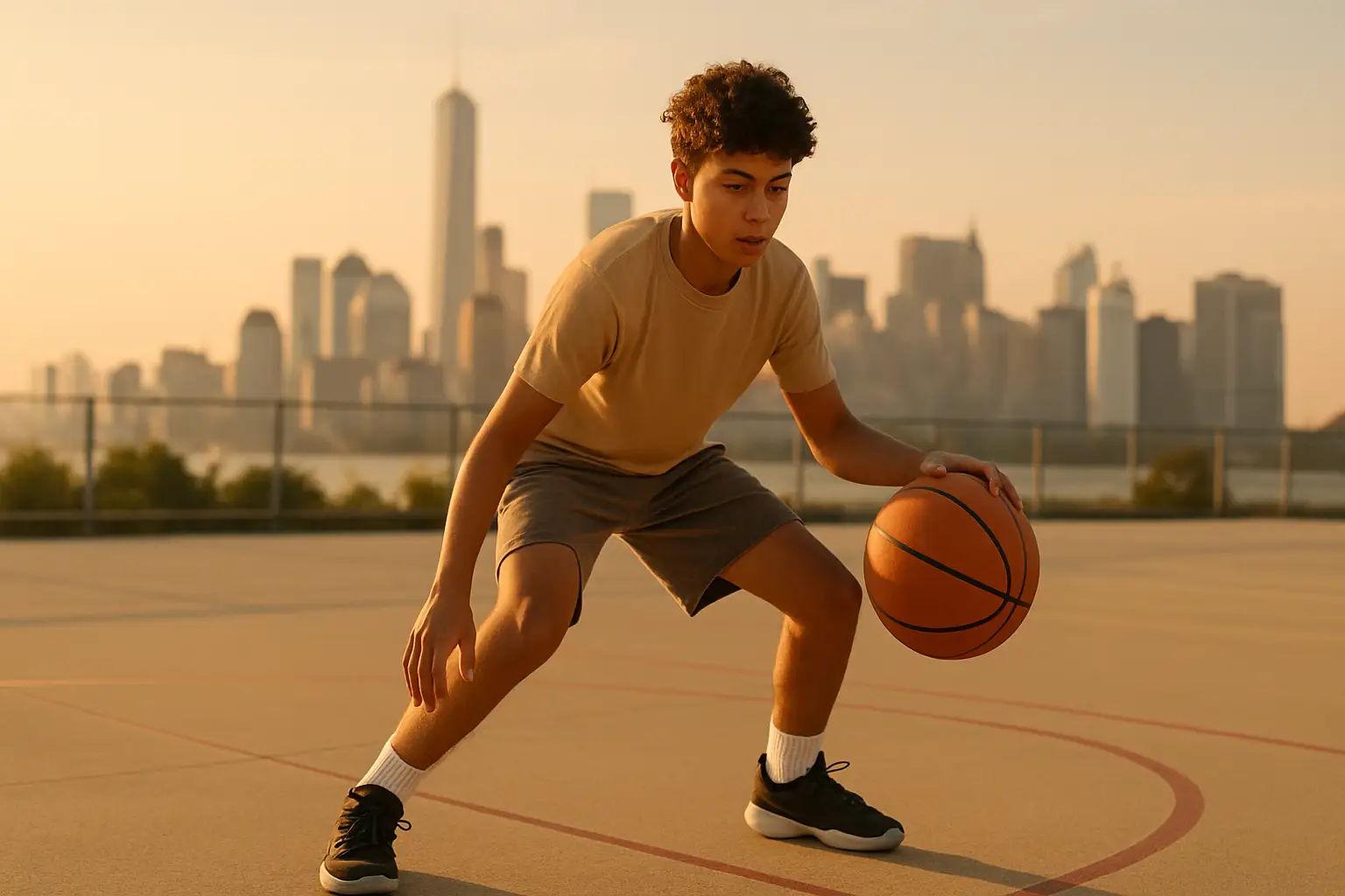 A young basketball player dribbling on an outdoor court in Winnipeg with a city skyline in the background