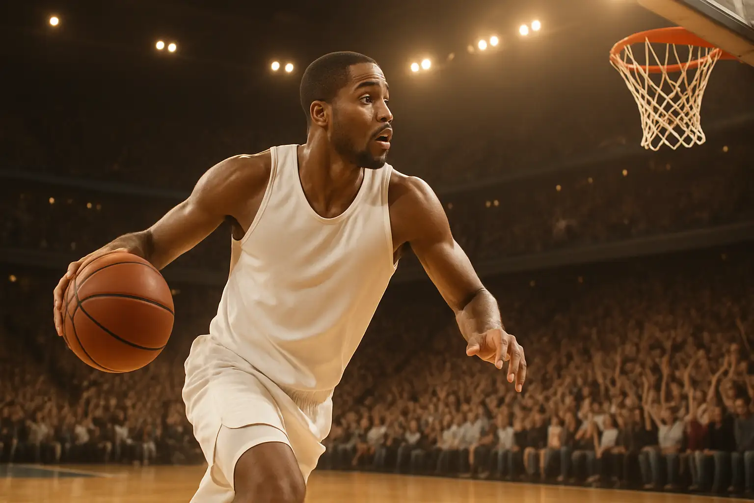 Basketball player driving to the hoop in a packed college arena