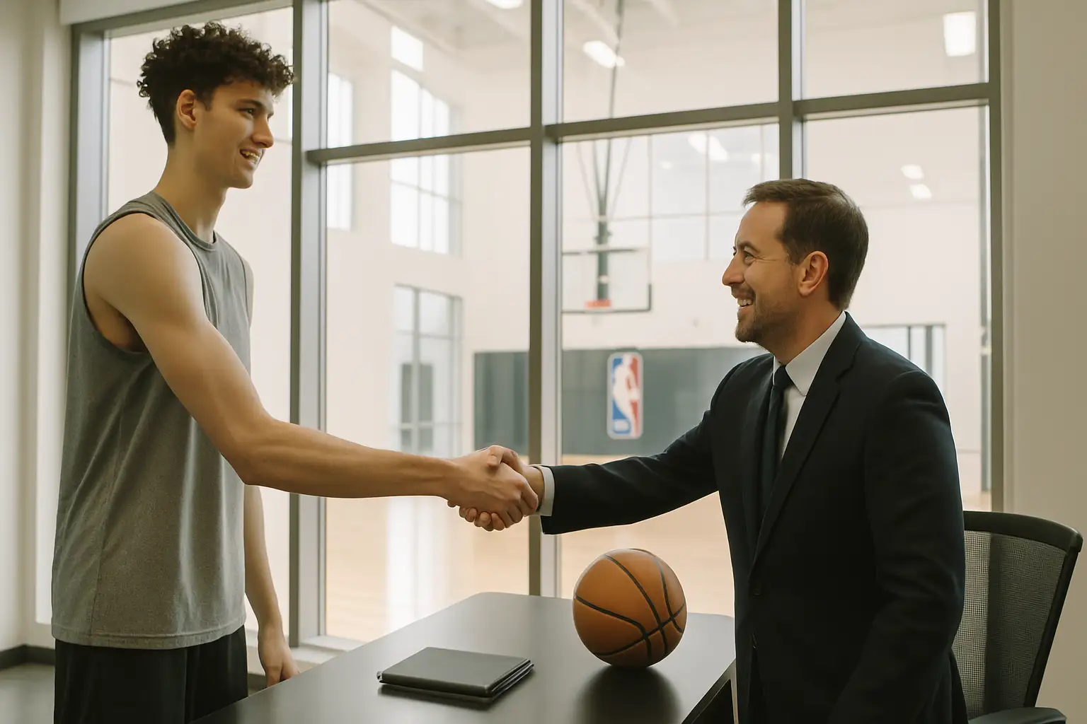 A basketball player signing a professional contract at a team facility