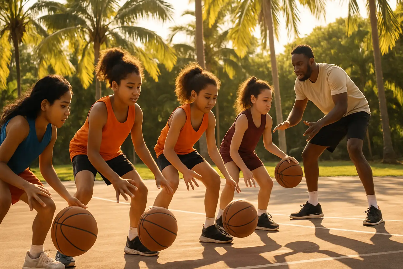 Young girls dribbling basketballs on an outdoor court in a tropical regional setting