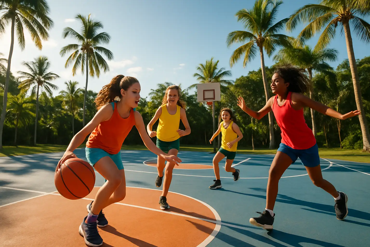 Young girls playing basketball on an outdoor court in a sunny regional Australian town