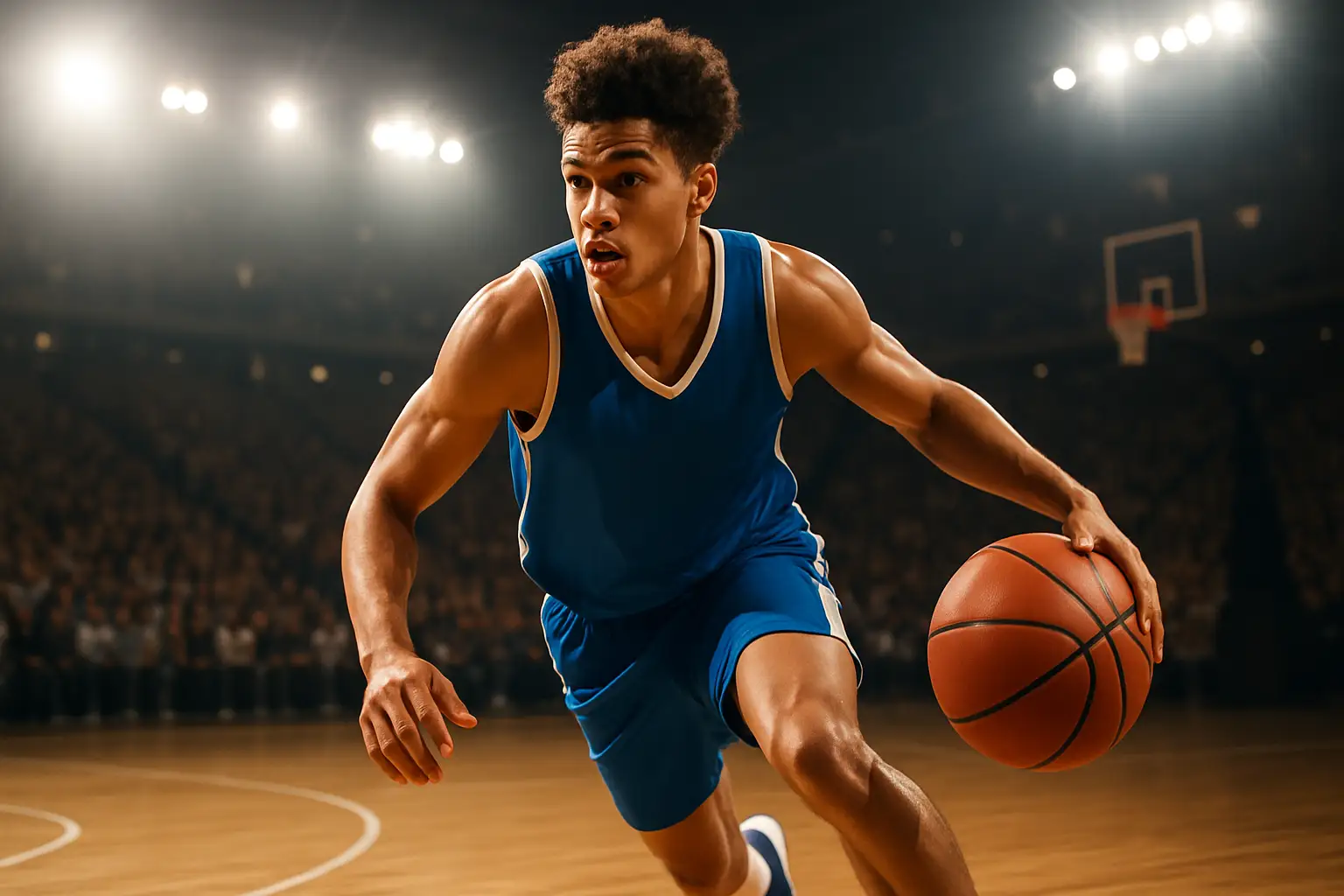 A college basketball player driving to the basket in a packed arena during a night game