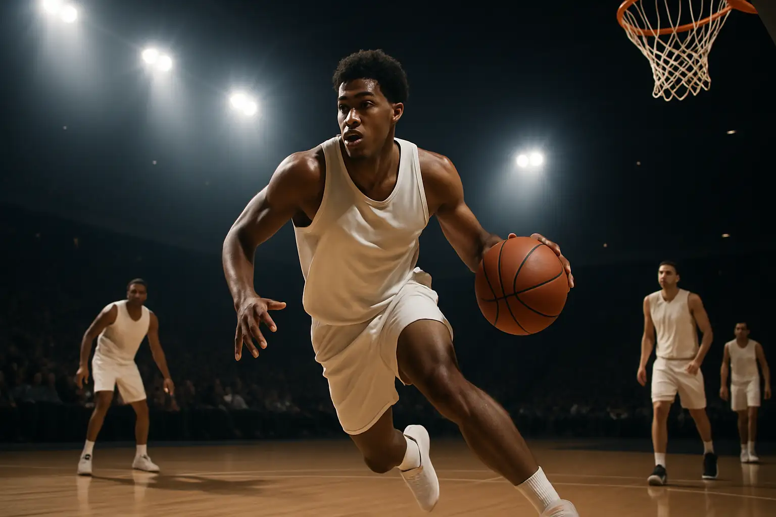 A college basketball player driving to the basket in a packed arena under bright lights