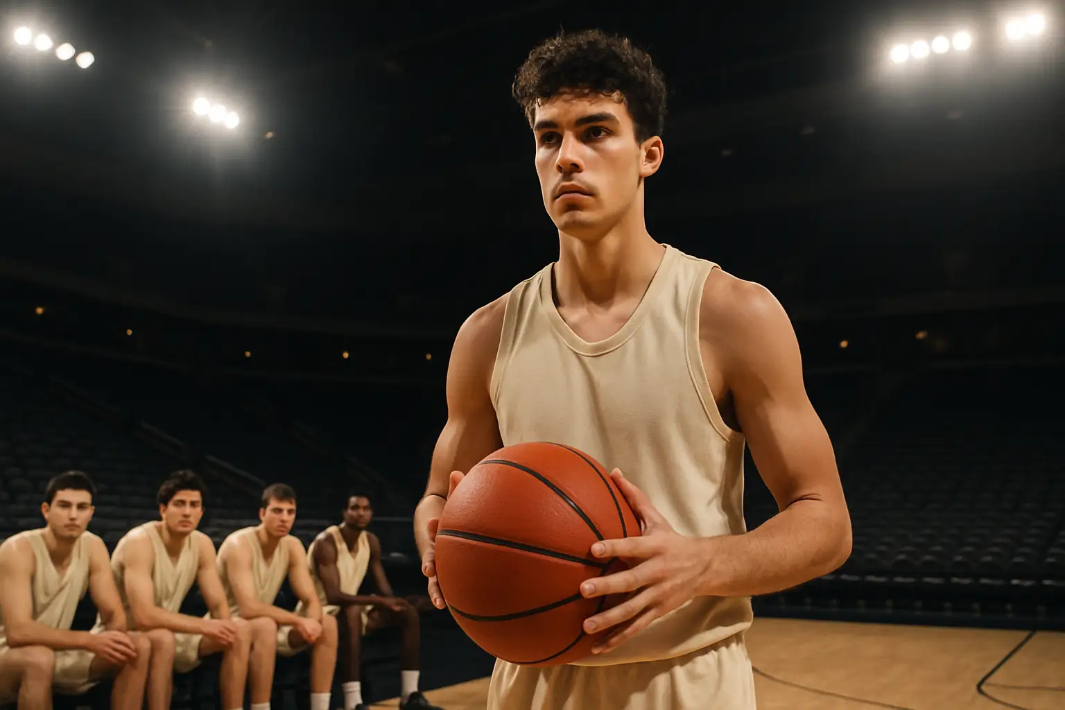 A college basketball player holding a basketball on a court with a team bench visible in the background
