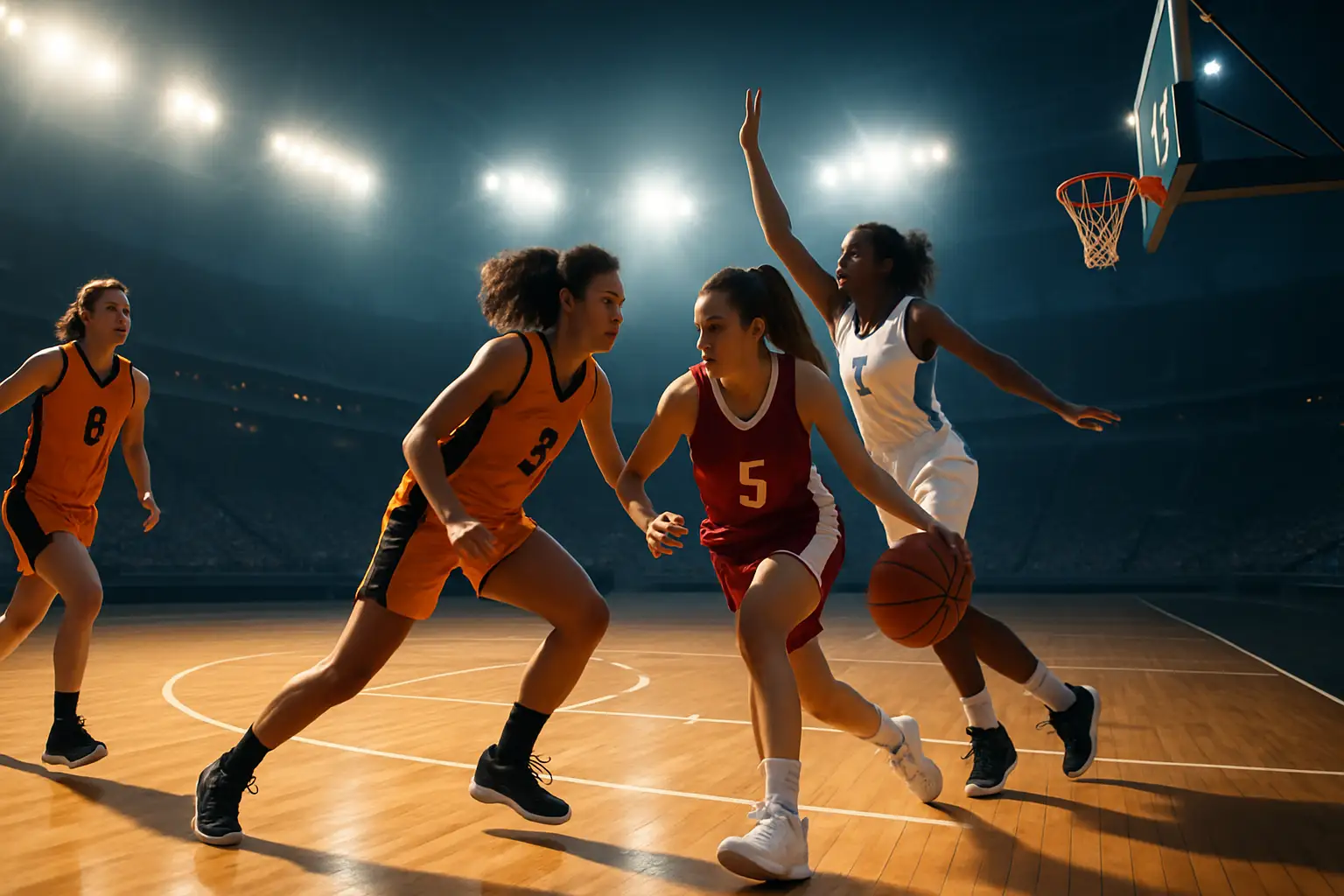 Women's basketball players competing in a large stadium venue with bright overhead lights
