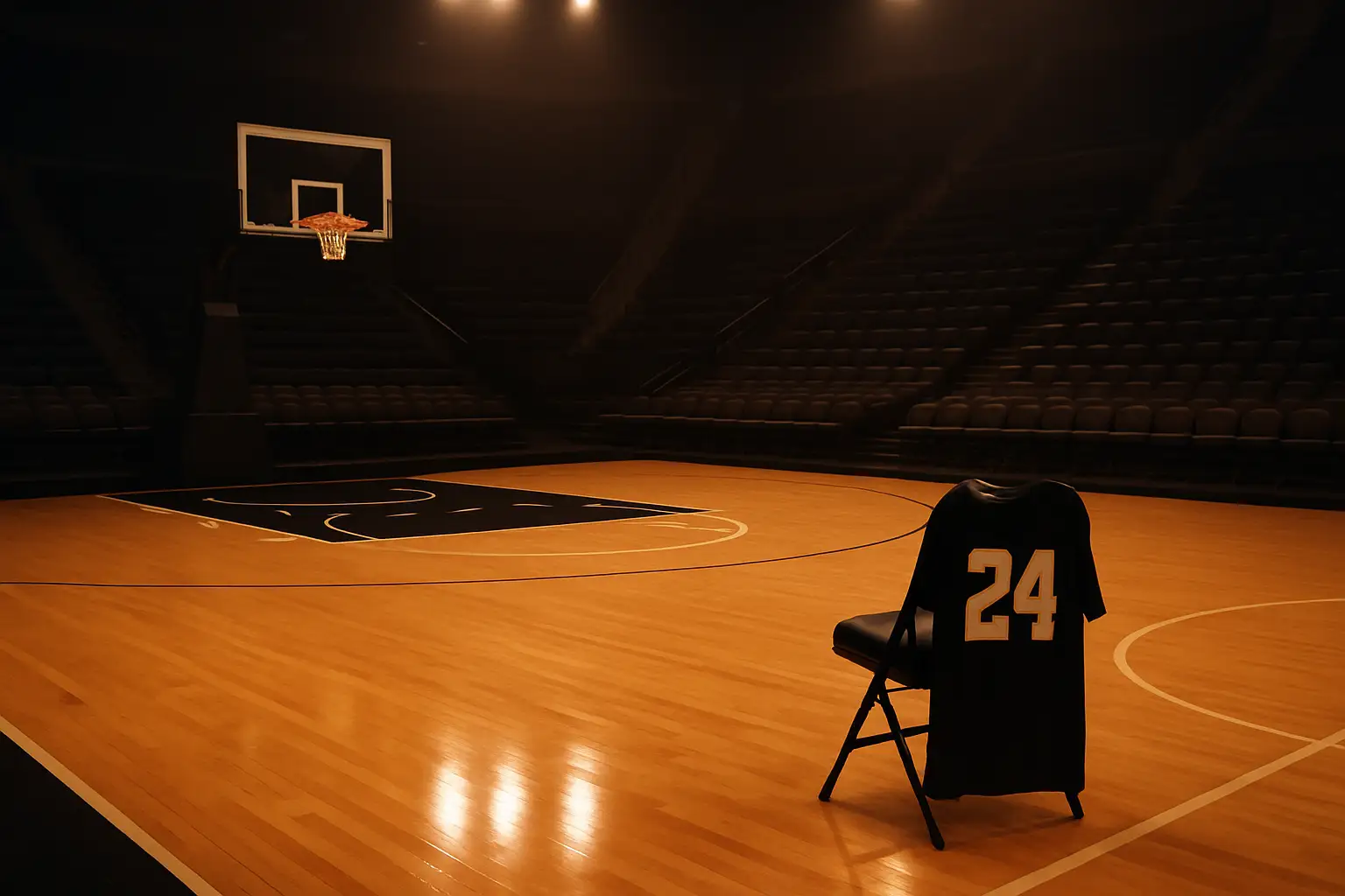A basketball court with a Sharks team jersey hanging courtside under arena lighting