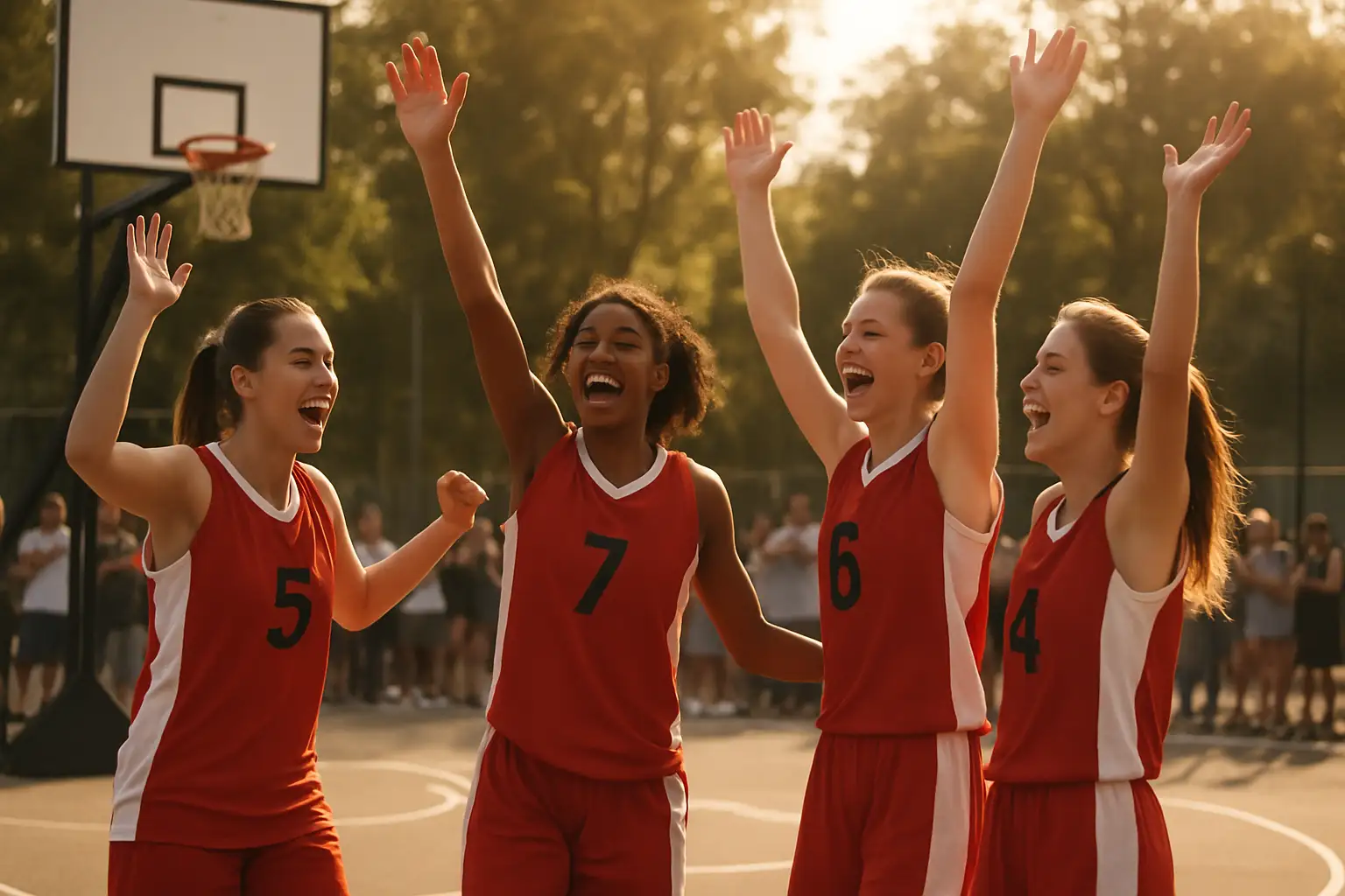 Spain women's 3x3 basketball team celebrating a tournament victory on an outdoor court