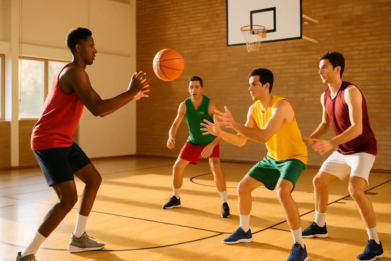 Special Olympics basketball players practicing on an indoor court