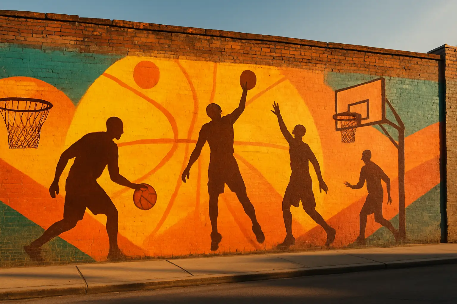 A colorful mural depicting basketball history on a brick wall in an urban neighborhood