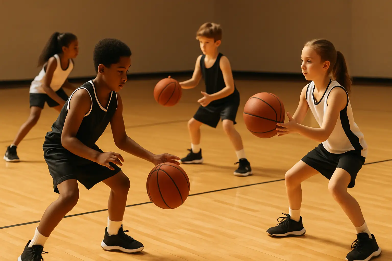 Young basketball players practicing dribbling drills on an indoor gym court during a youth camp