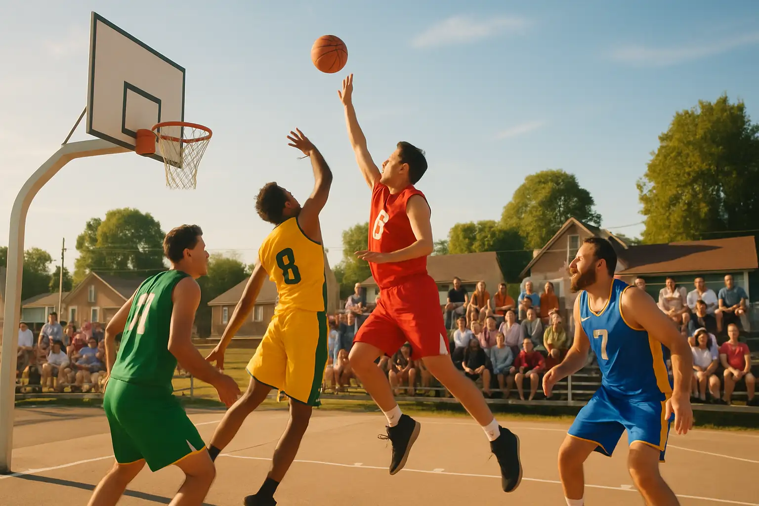 Basketball players competing in an outdoor summer league game under bright sunlight