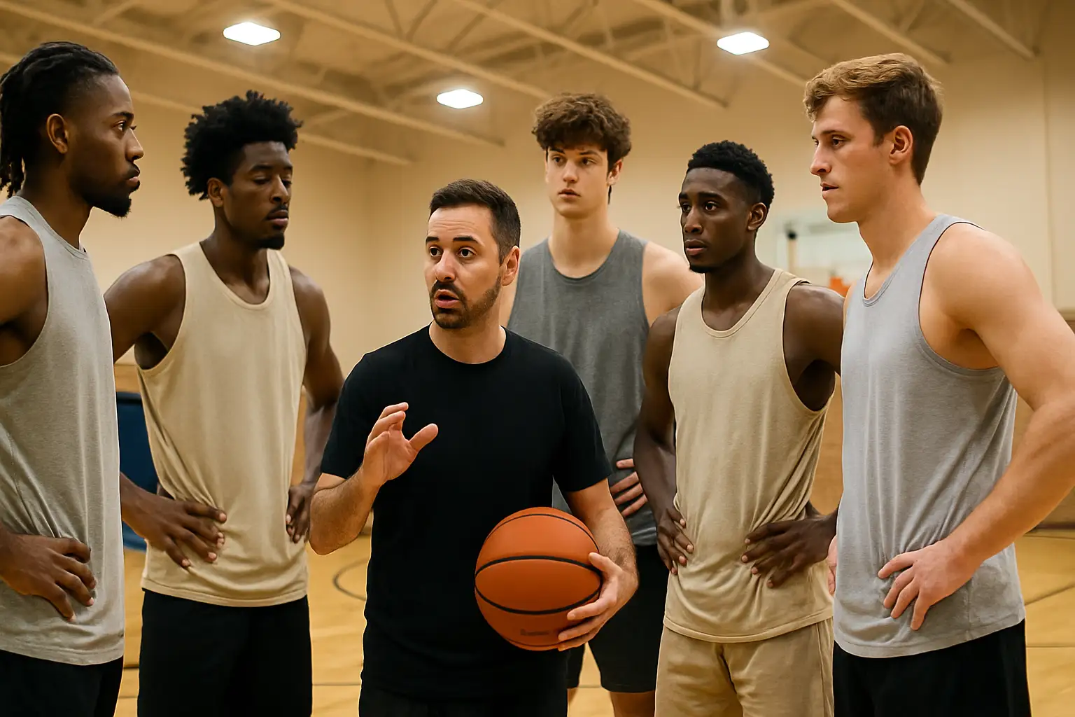 Bulldog men's basketball players gathered on a practice court during a summer workout session
